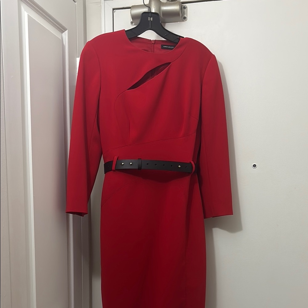 Karen Millen Red Sheath Dress Asymmetrical Neckline Long Sleeve